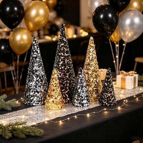 Black Gold Christmas Sequin Cone Tree Decorations Set - Tiered Holiday Tabletop Trees