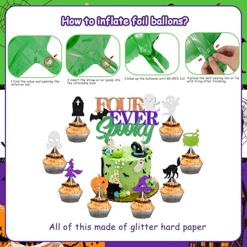 Halloween 4th Birthday Party Decorations Foil Balloons Banner & Ball Set - Black, Orange, Green, Ghost & Bat Theme with Variation Black Orange Green
