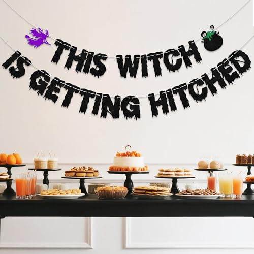 Halloween Bridal Shower Banner - This Witch Is Getting Hitched Decor, Glitter Party Decoration