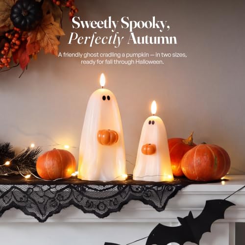 Halloween Ghost Candle Holders with Pumpkin - Flameless LED Decor, Safe & Realistic Flicker