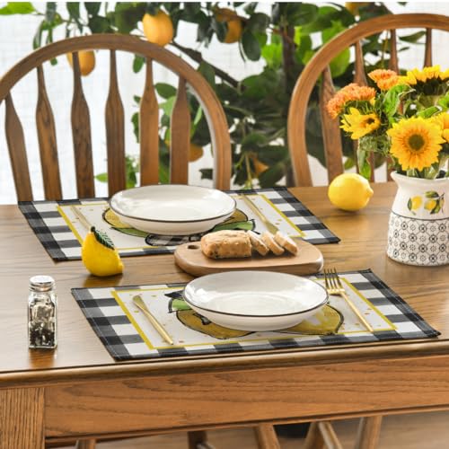 Buffalo Plaid Lemon Placemats Set of 4 - 12x18 Inch Rustic Washable Table Mats Black & White