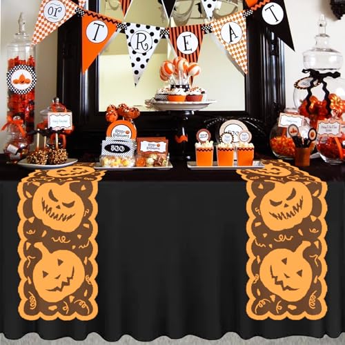 Halloween Lace Table Runner - Orange Jack-o'-Lantern Centerpiece Decor, 72 Inch