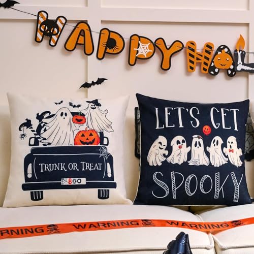 Black Ghost Halloween Throw Pillow Covers Set of 4 20x20in Spooky Gothic Linen