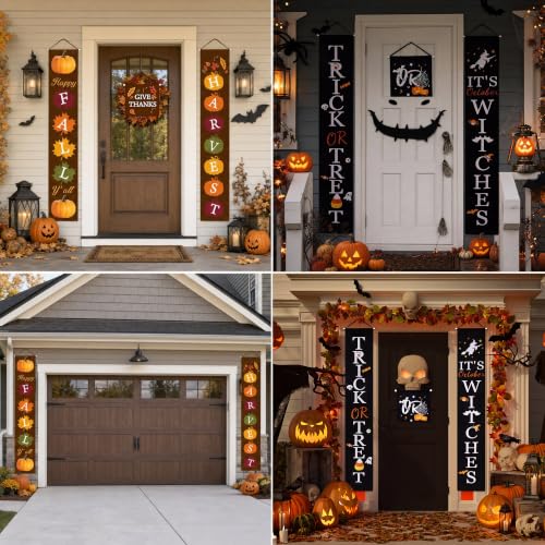 Reversible Fall Halloween Porch Banner - 71 Inch Outdoor Decor with Black and Brown Variation