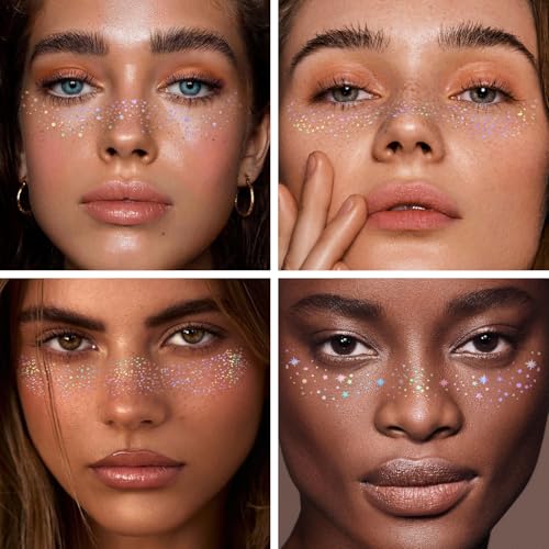 8PCS Glitter Freckles Face Tattoos - Holographic Multicolor Rave Makeup Accessories
