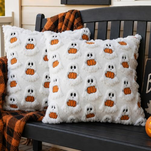 Halloween Pillow Covers 18x18 Inches - 2 Pack Ghost Pumpkin Plush Cushion Covers - Orange