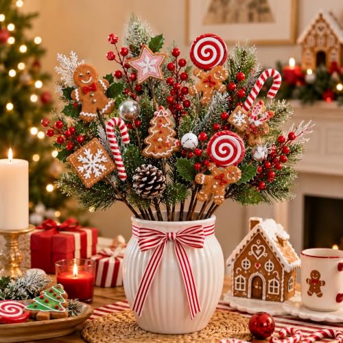 Attractive Gingerbread Christmas Tree Picks - 12 Inch Holiday Decor - Set of 12