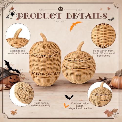 Set of 2 Woven Rattan Pumpkin Decor - Fall Wicker Centerpieces for Autumn and Thanksgiving