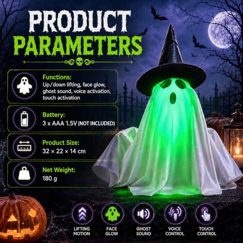 Animated Halloween Ghost Decoration with Sound & Green Face Glow - Interactive Spooky Decor