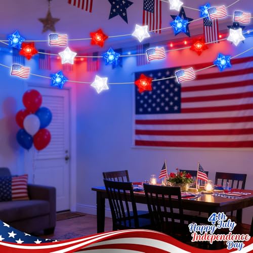 Patriotic Star & Flag String Lights - 16FT Battery Operated 50 LEDs, 8 Modes, Red White Blue Star Flag Variation