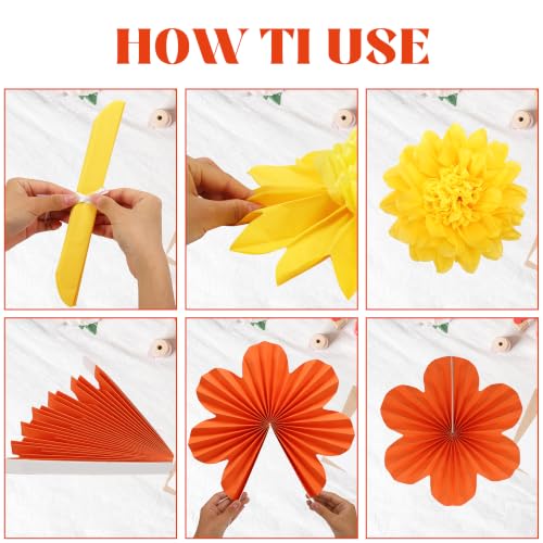 Dark Orange Red Paper Flower Fans & Pompoms Set for Fall Party Decorations - 12PCS