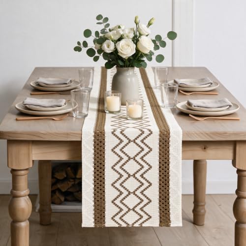 12x72 Inch Coffee Stripe Diamond Woven Table Runner - Light Coffee