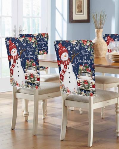4 Pcs Navy Blue Christmas Snowman Chair Covers for Dining Room - Xmas Truck & Poinsettia Linen Protectors
