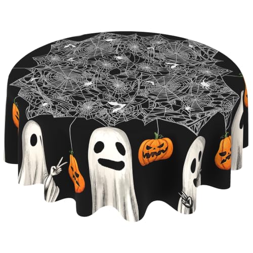 Halloween Black Round Tablecloth 90 Inch Spider Web Ghost Pattern - Party Decor