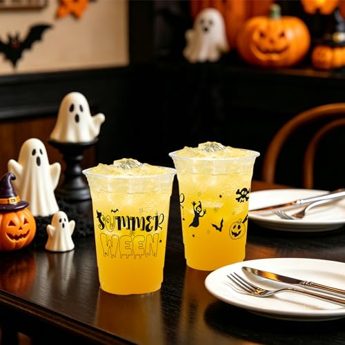 Summer Halloween Ghost Plastic Cups - 50 Pack, 16 oz, Disposable Party Drinkware