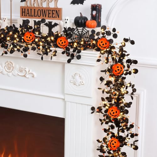 Lighted Halloween Garland for Mantle Fireplace Decorations - 5.2 ft Pumpkin and Black Eucalyptus Decor