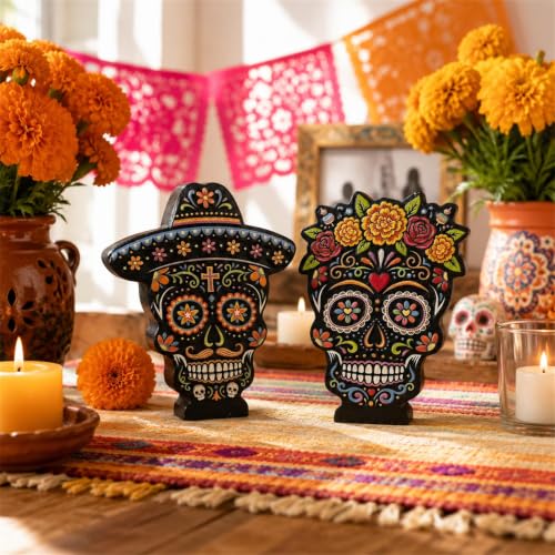 Brown Sugar Skull Figurines Set of 2 Day of the Dead Ofrenda Decorations