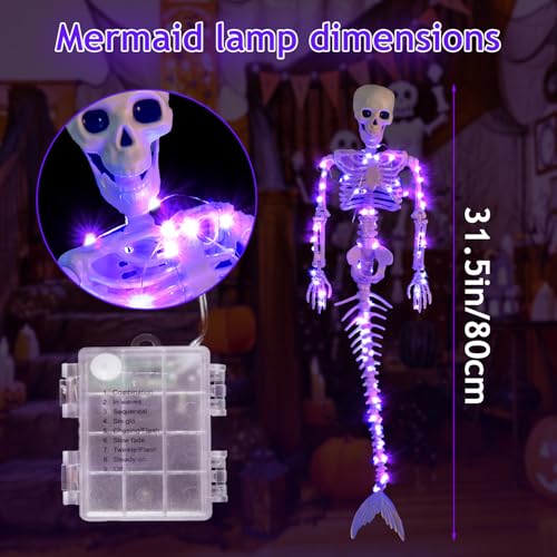 2 Pack 33-Inch Purple LED Mermaid Skeleton Halloween Decorations - Movable Posable Joints Hanging Props