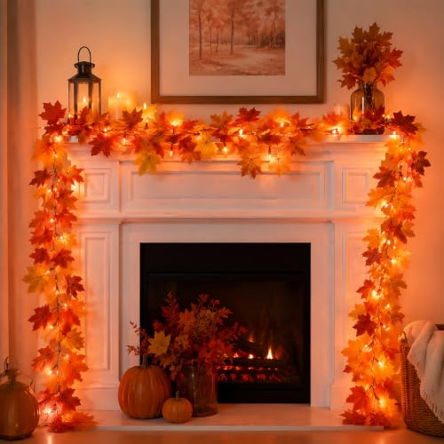 2 Pack Battery-Operated Fall Garland with Lights 9.8FT Orange Leaves & 8 Modes