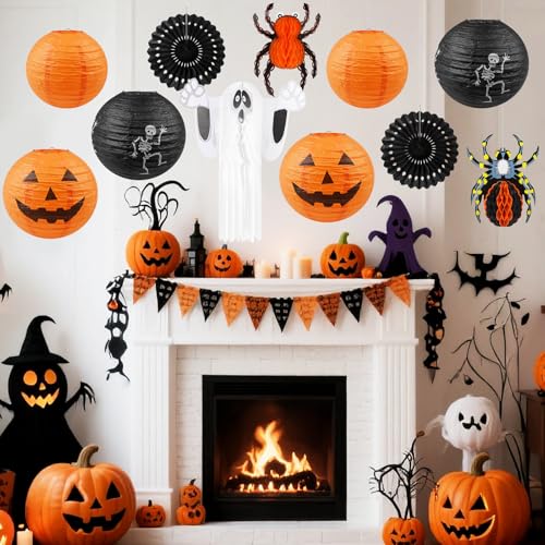Halloween Paper Lanterns Set - 11 Pieces Ghost, Spider, Skeleton, Pumpkin Decor for Indoor & Outdoor Parties