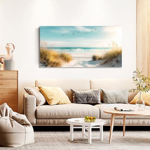 Large Beach Reeds Canvas Wall Art - Ocean Seascape Painting for Living Room & Bedroom - 24x48 Inches - Coastal Decor