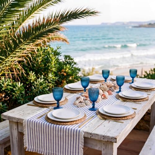 Blue Striped Table Runner 71x12 Inch Rustic Fringe Cotton Linen Decor