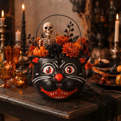 Halloween Black Cat Bucket Vase - Vintage Resin Trick or Treat Basket - Black & White