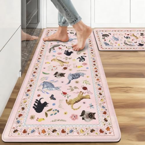 Anti-Fatigue Kitchen Mat Set 2026 - Pink, 17x47 & 17x30 Inches, Non-Slip, Washable, Pumpkin Decor, Halloween Rugs, Spooky Season