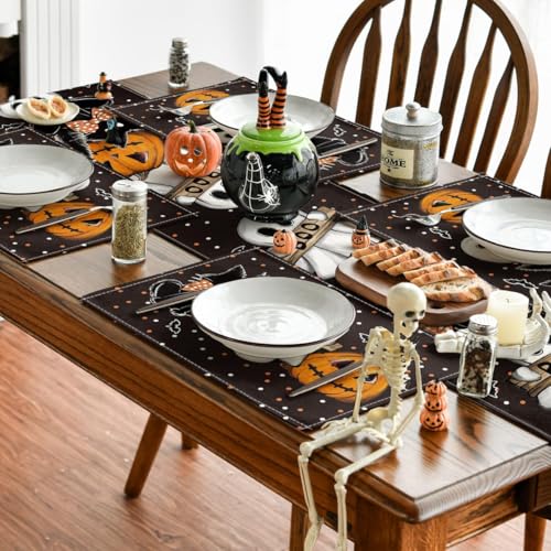 Black Cat Ghost Halloween Placemats Set of 4 - 12x18 Inch Rectangular