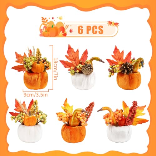 Artificial Velvet Pumpkins Set with Maple Leaves and Berries for Fall Thanksgiving Decor - 6 Pieces