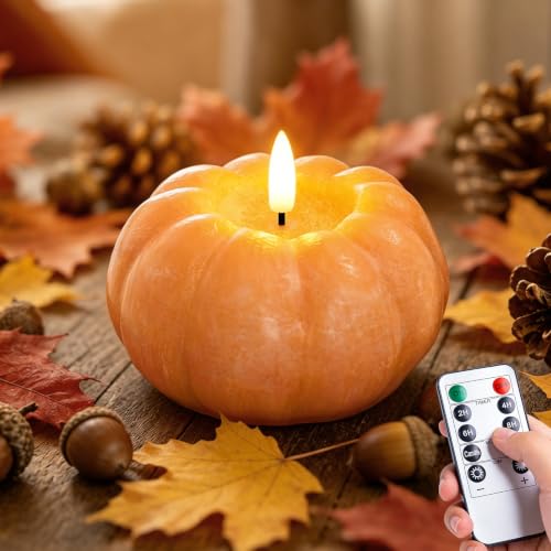 Flameless Pumpkin Candle - Orange Fall Decor, Real Wax Texture, Remote Control