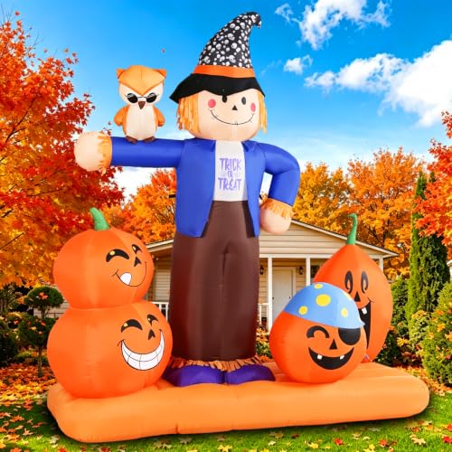 Giant Halloween Inflatable Scarecrow with Pumpkins and Owl - Outdoor Yard Decor