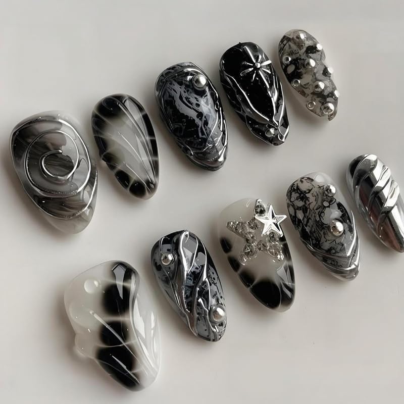 Aoustratum Halloween Goth Short Almond Press On Nails with Silver Star Rhinestones - Style04