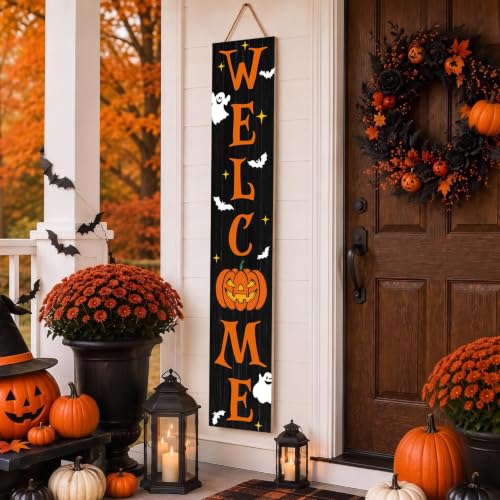 Halloween Porch Sign - Wooden Spooky Ghost Welcome Banner - Black & Orange - 47.2"