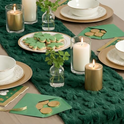 Green Plush Faux Fur Lucky Clover Table Runner - 13x36 Inch Seasonal Decor