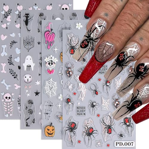 Halloween Nail Stickers with Rhinestones - Ghost Variation, Self-Adhesive Skeleton Spider Web 4 Sheets