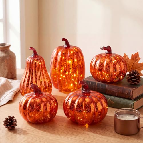 Glass Pumpkin Lights Set - 6 Orange Gold Mercury Glass Decor with Timer