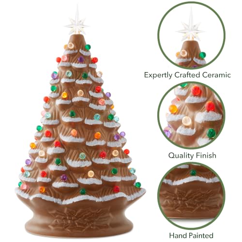 Brown Hand Painted Ceramic Christmas Tree - 18 Inch Pre-Lit Holiday Decor with Multi Color Lights & Star Toppers