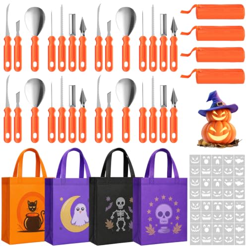 Halloween Pumpkin Carving Kit with Stencils & Trick or Treat Tote Bag - Skull Ghost Variation