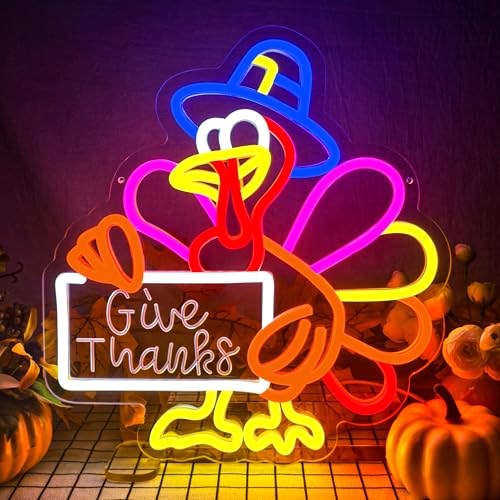 Thanksgiving Neon Sign Give Thanks Turkey Dimmable Wall Decor for Holiday Festivities