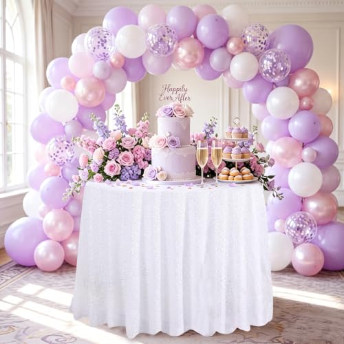 QueenDream White Sequin Round Tablecloth 108 Inch for Party & Wedding - Glitter Sparkle