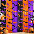 Halloween Foil Fringe Curtains 2 Pack - Orange Purple Black Bat Pattern Party Backdrop