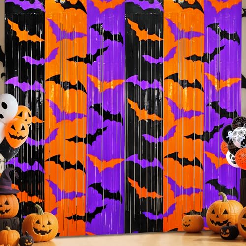 Halloween Foil Fringe Curtains 2 Pack - Orange Purple Black Bat Pattern Party Backdrop