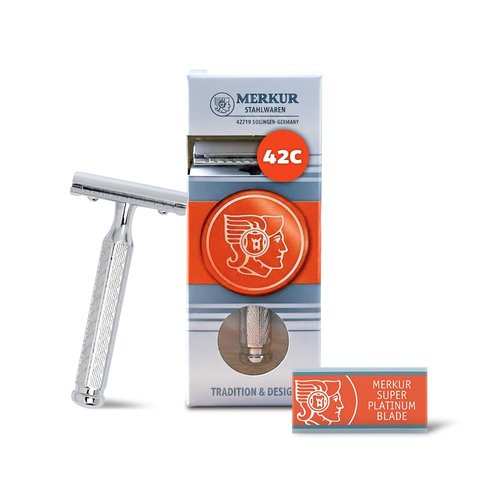 MERKUR 42C Double Edge Safety Razor, Hexagonal Handle, Three-Piece Design, Closed Comb Straight Bar, Bright Chrome Finish, Made in Germany