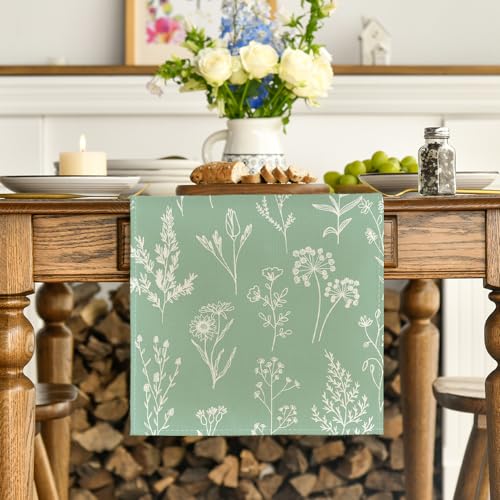 Sage Green Leaves Flowers Spring Table Runner 13x72 Inch - Kitchen Decor