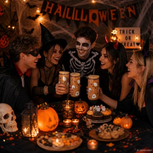 Halloween Ghost Gift Cute Pumpkin Glass Cup with Lid & Straw - Hat Ghost Variation