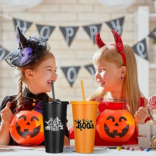 Halloween Plastic Cups with Lids and Straws - 24 oz Reusable Party Tumblers Set