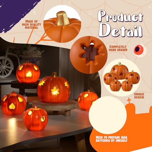 Lighted Pumpkin Decor Set - Orange Halloween Fall Lanterns for Autumn Table Centerpiece - 5 Pack