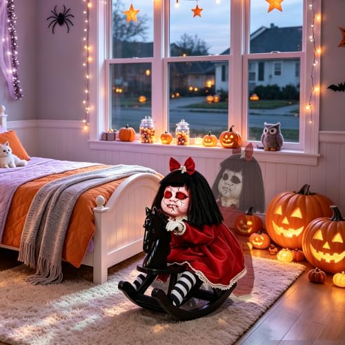 Red Halloween Animatronic Girl Doll on Rocking Horse with Lights & Sound - Indoor Outdoor Decor