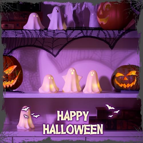 Light Up Ghost Halloween Decor - White Ceramic 5-Inch Halloween Table Figurine — Cute & Spooky Party Decor